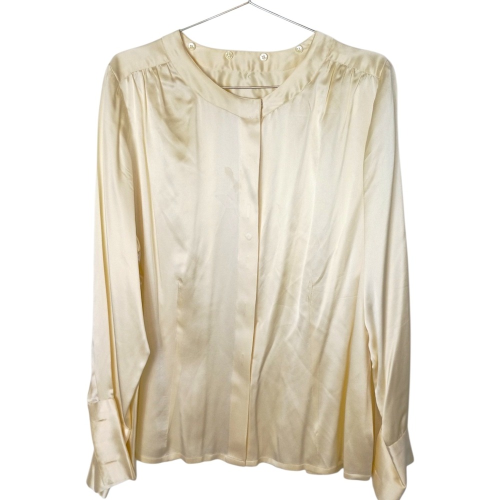 Vintage Chicos Womens Cream Satin Button Down Blouse Long Sleeve Round Neck Top